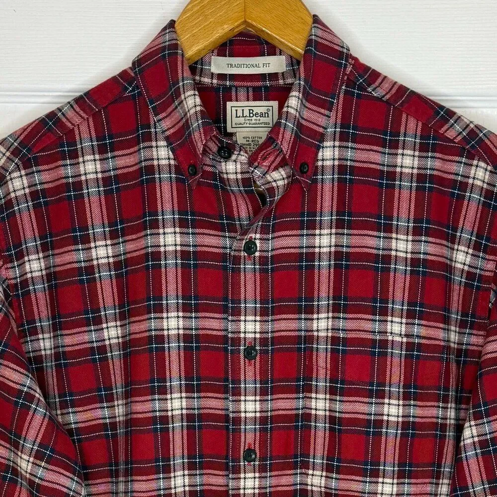 L.L. Bean Red White Blue Scotch Plaid Flannel Shirt Size Medium